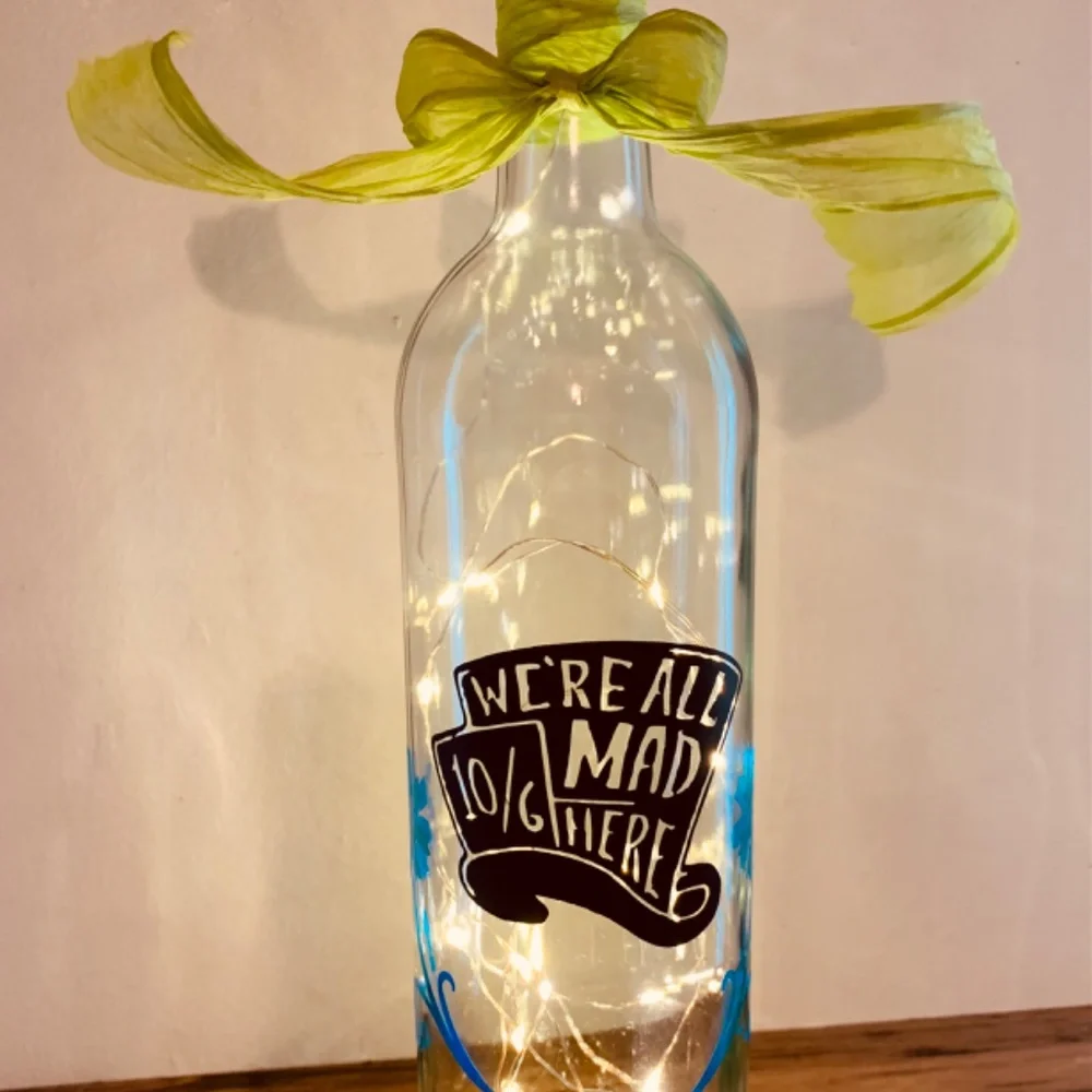 Hand Crafted- ‘We’re All Mad Here’ logo Mad Hat Wine Bottle Lantern